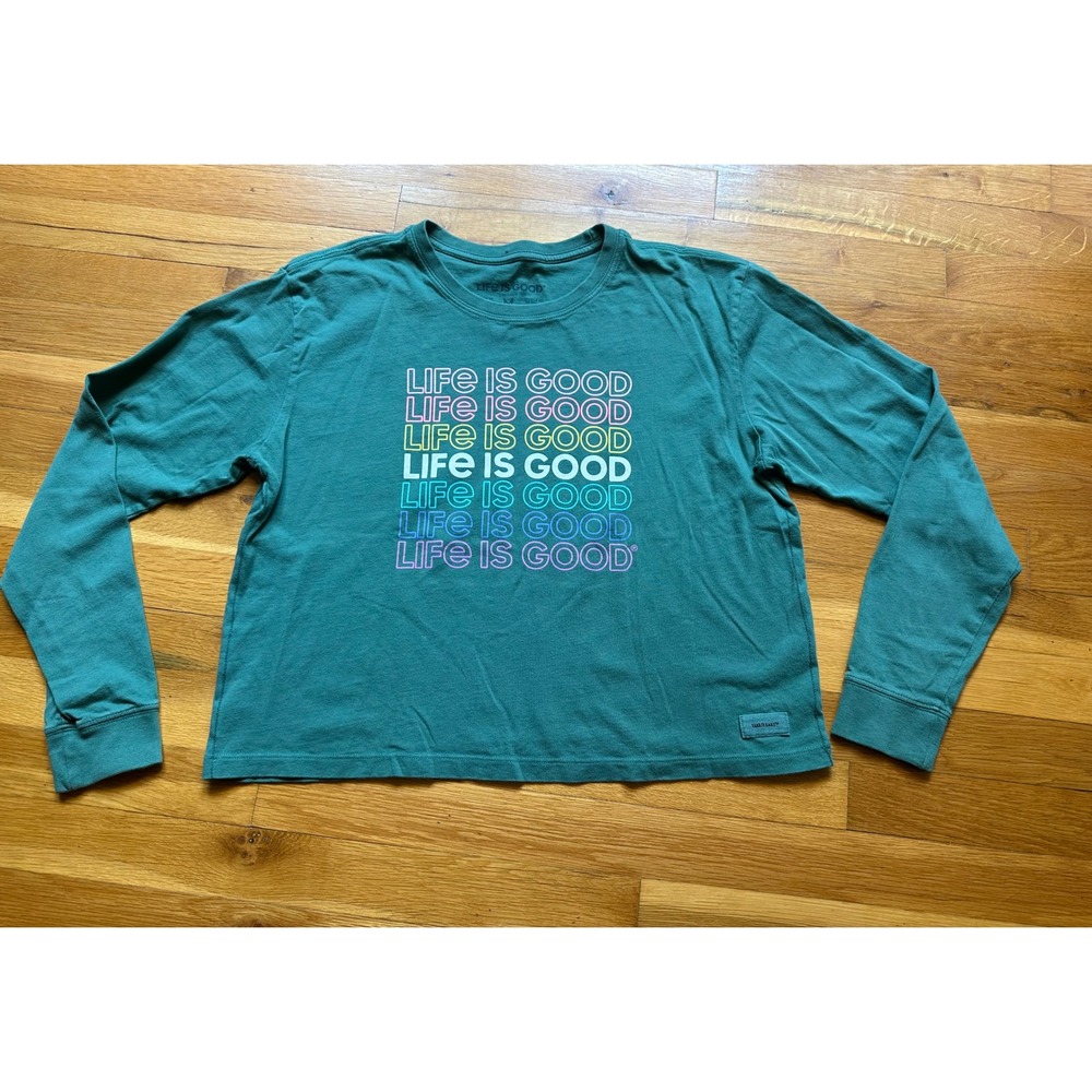 Life is Good Womens Crusher Long Sleeve Graphic Tee Green Teal Cotton Medium